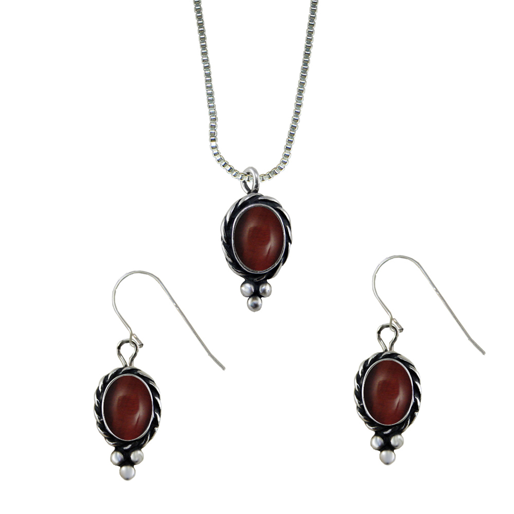 Sterling Silver Petite Necklace Earrings Set Red Tiger Eye